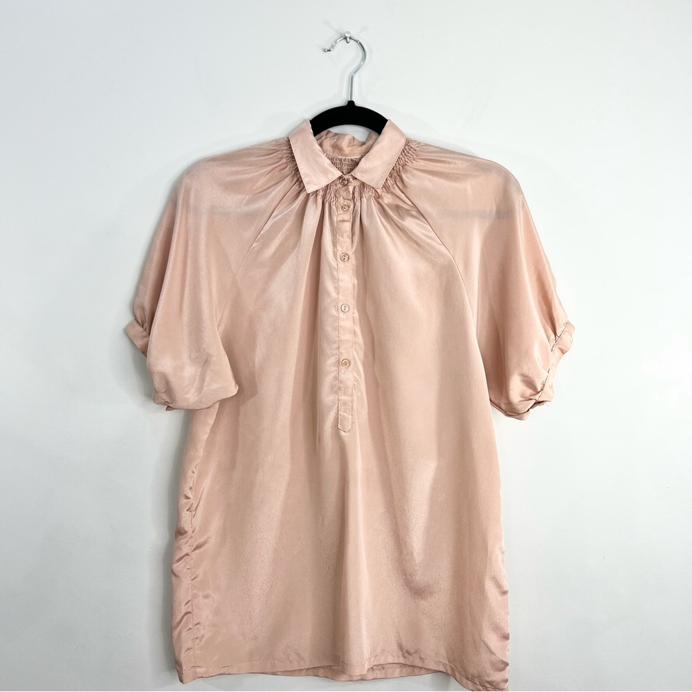 Vintage blush pink silky short puff sleeve smocked old money blouse S - Picture 4 of 13